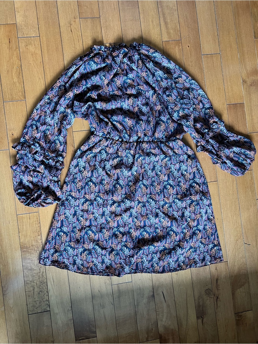 Women’s Floral Long-Sleeve Mini Dress - Black with Blue & Pink Leaf Print